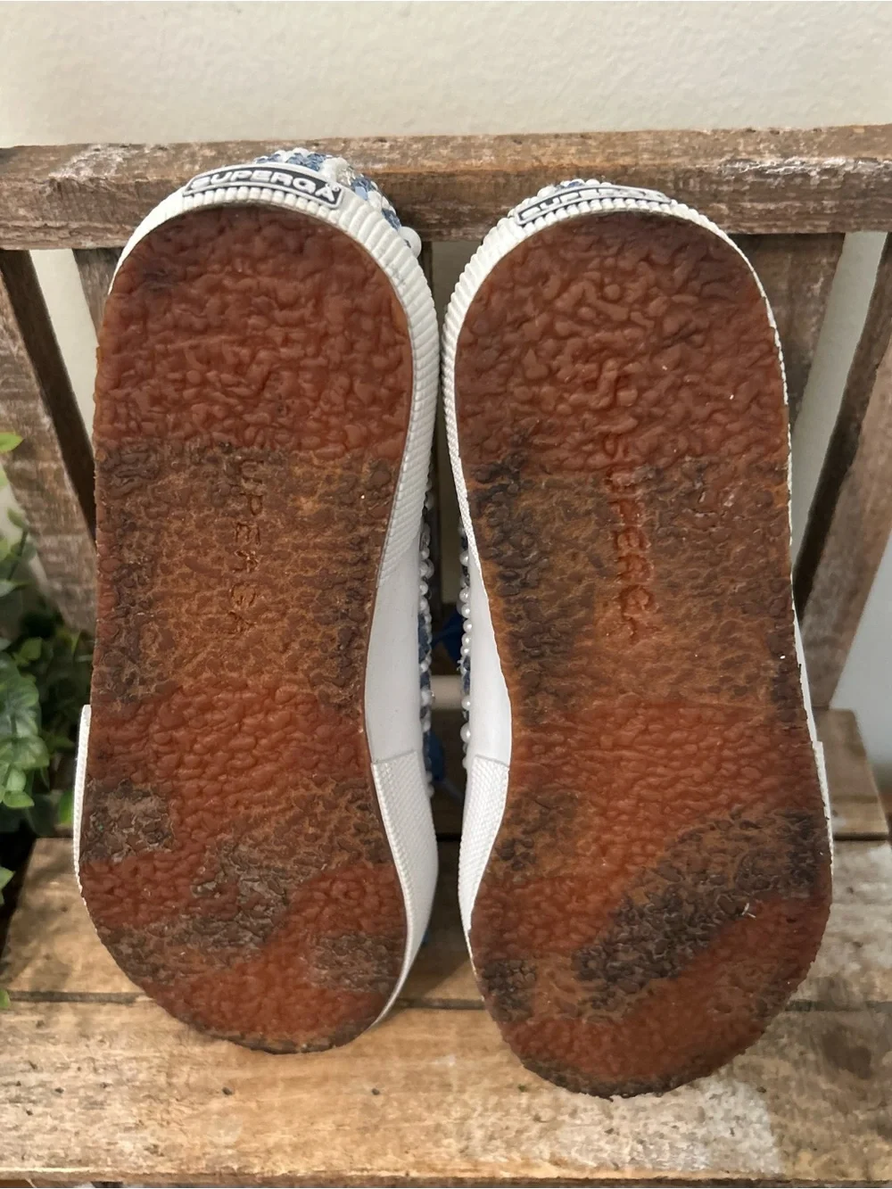 Custom Superga Sneakers: Pearl and Blue Rhinestones Size EUR 37.5 US 7